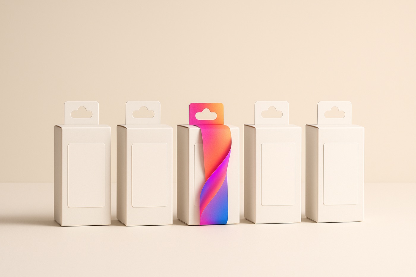 Blank white product labels with one wrapped in a vibrant gradient ribbon — sell it as yours