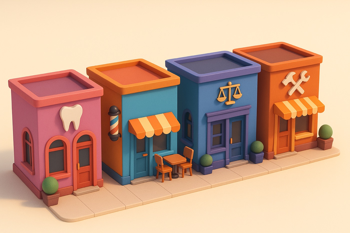 Miniature street of local businesses — dental clinic, barber, restaurant, law office, hardware store
