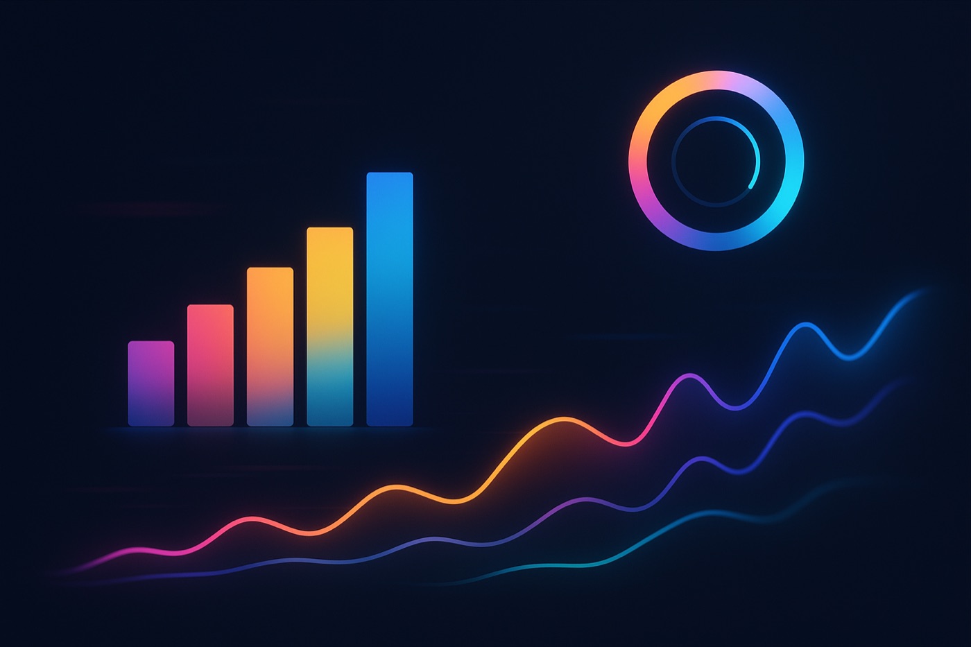 Frame from a colorful animated infographic video — rising charts and progress rings