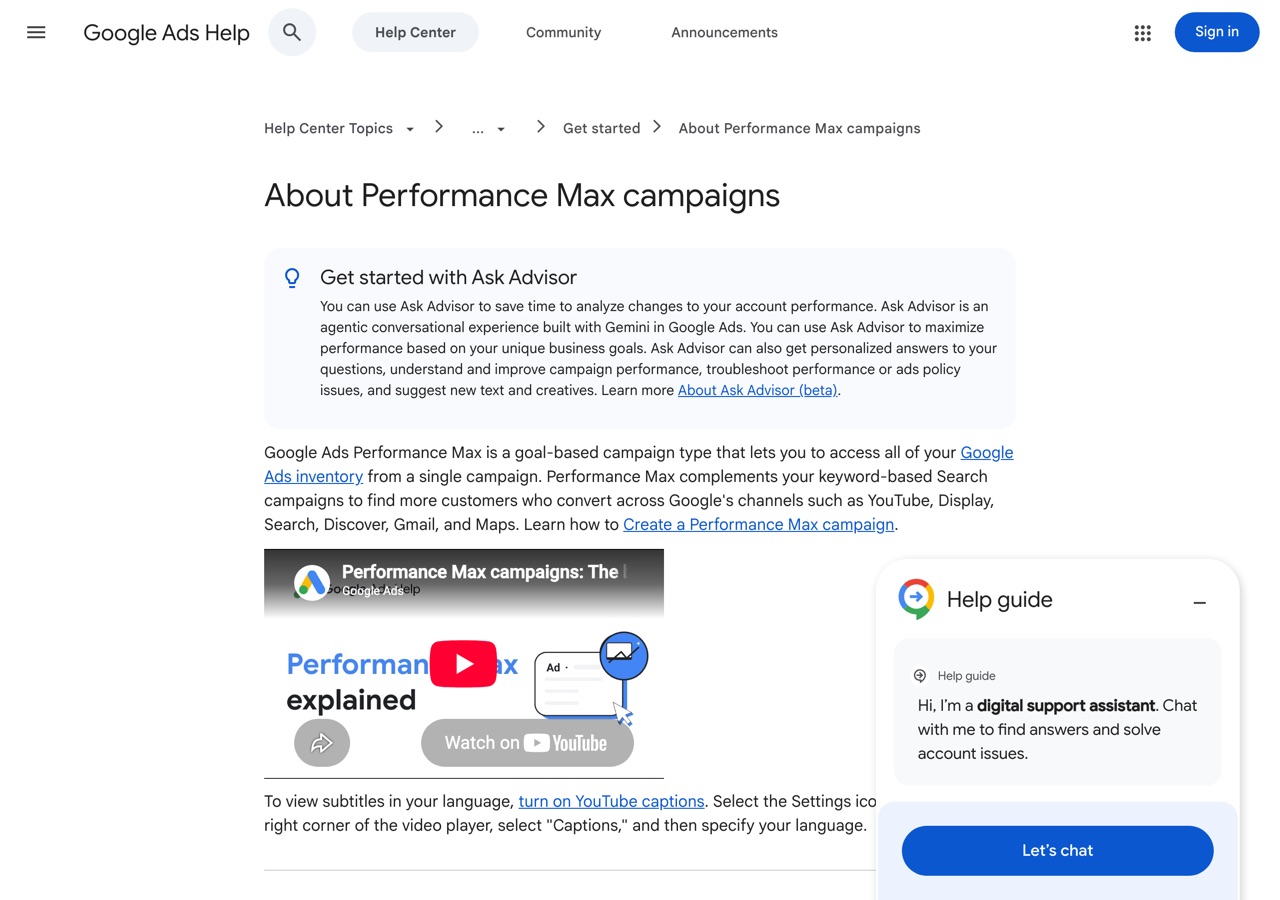 Screenshot of Google Ads Help — Performance Max
